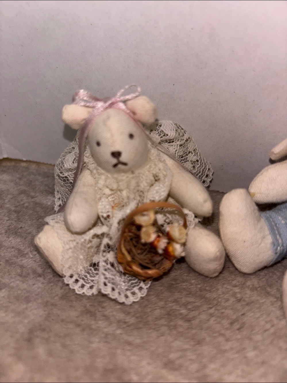 Vintage Tiny Cream Fabric Bunny and Bear cottage core Overalls basket flowers - Picture 3 of 5